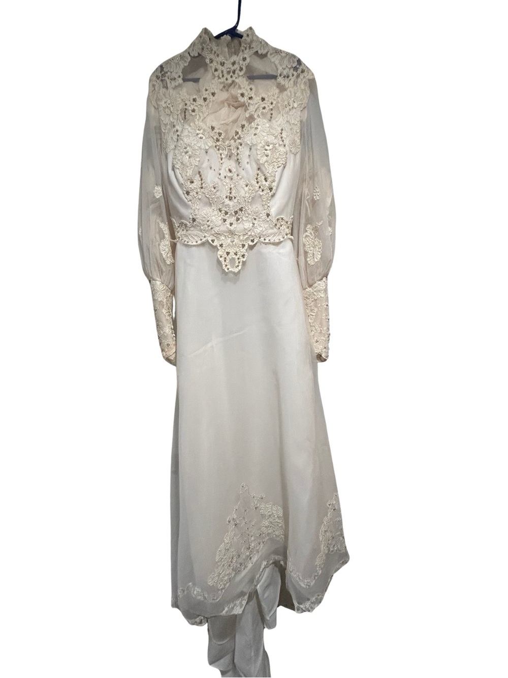 Vintage 60s or 70s Ivory Lace High-Neck Long Sleeve Wedding Dress